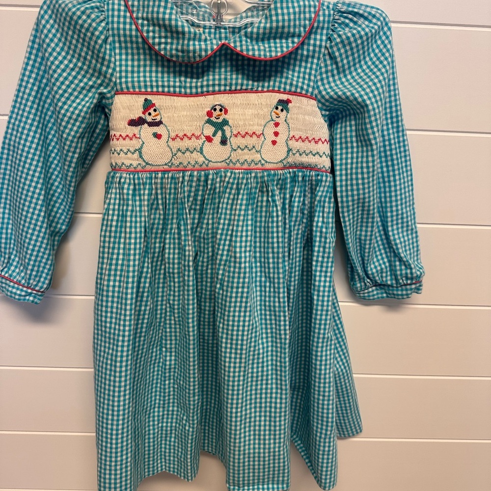 Marmellata Teal Gingham Dress w/Snowman Embroidery Sz 4 EUC